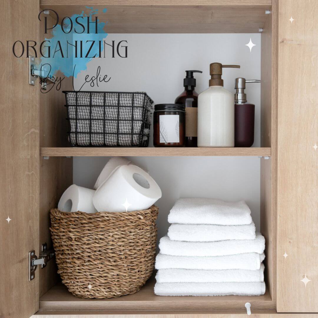 Thoughtful Consumerism: A wooden cabinet with neatly arranged toiletries and towels.